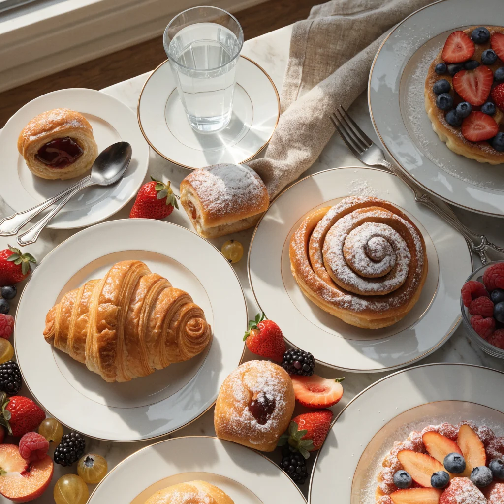 Tavola brunch con piatti in porcellana bianchi