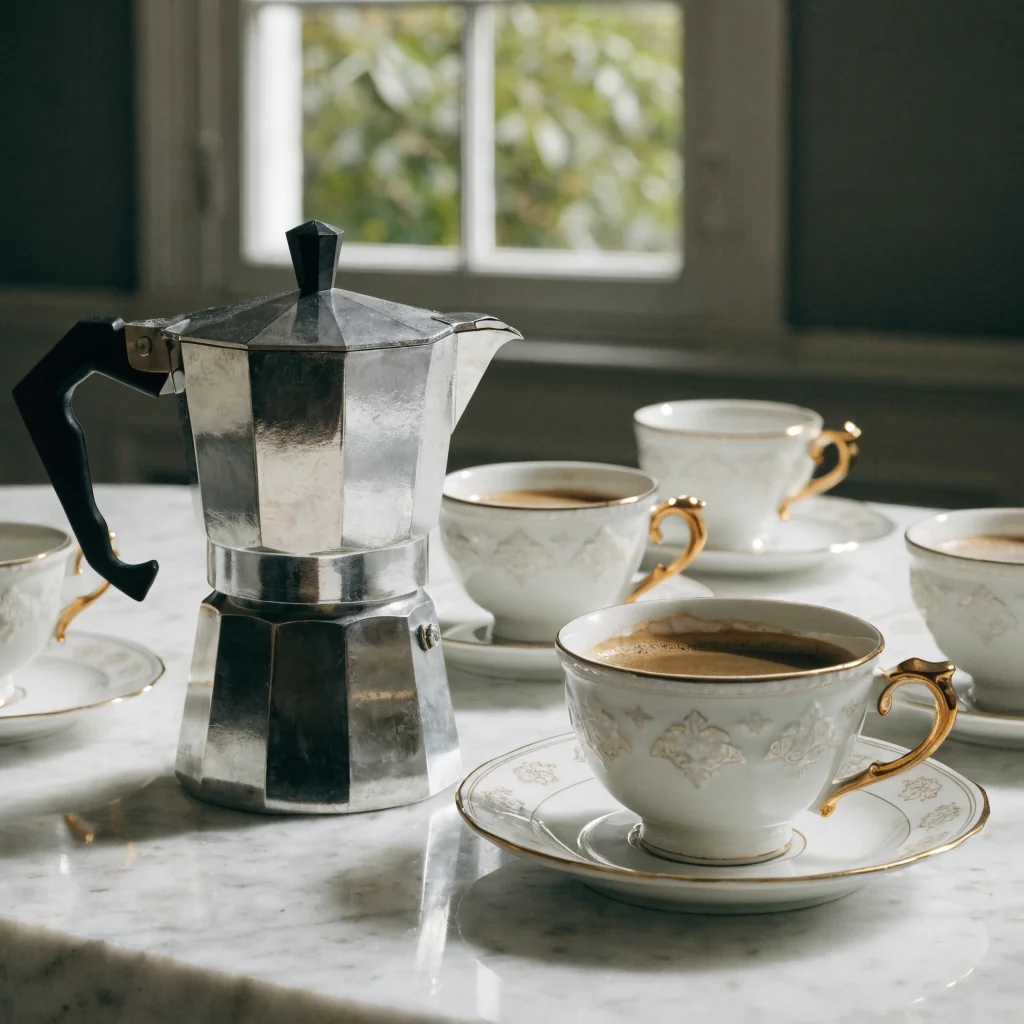 Bancone cucina con tazze porcellana e caffè