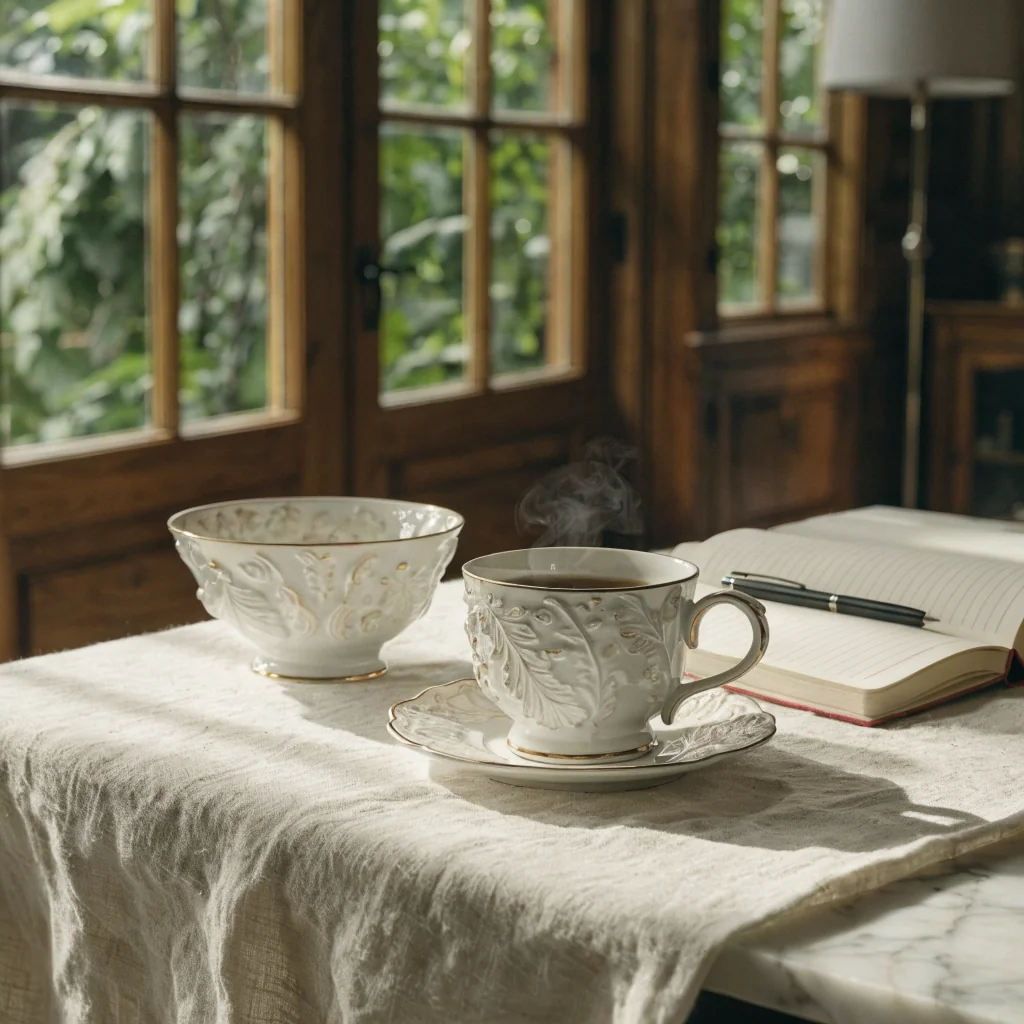 Angolo studio con tazza e piattino in ceramica