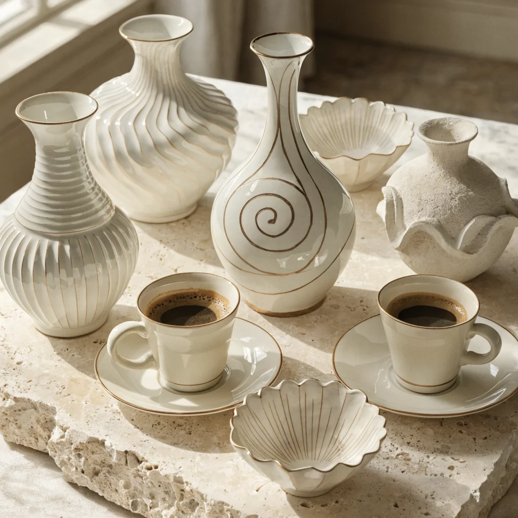 Dettaglio tazze e ceramica da tavola su piano pietra